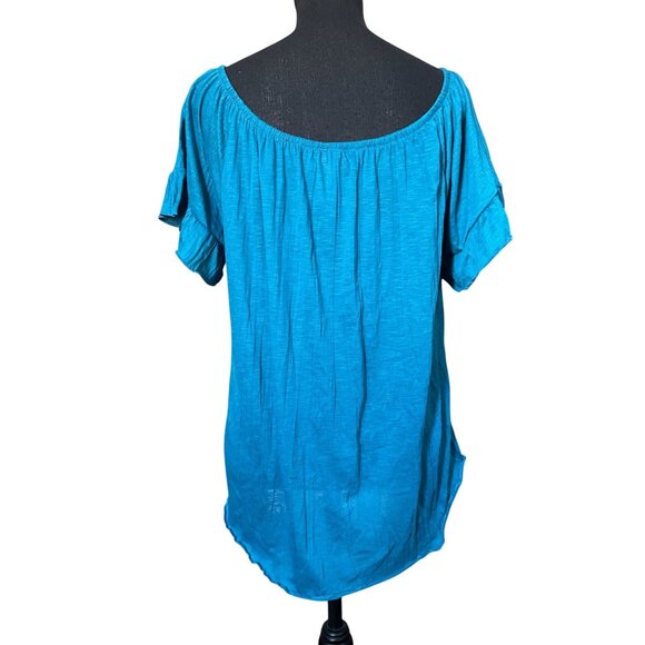 XXL boho lace accent teal short sleeve contrast tunio XXL elastic scoop neck - Picture 3 of 7